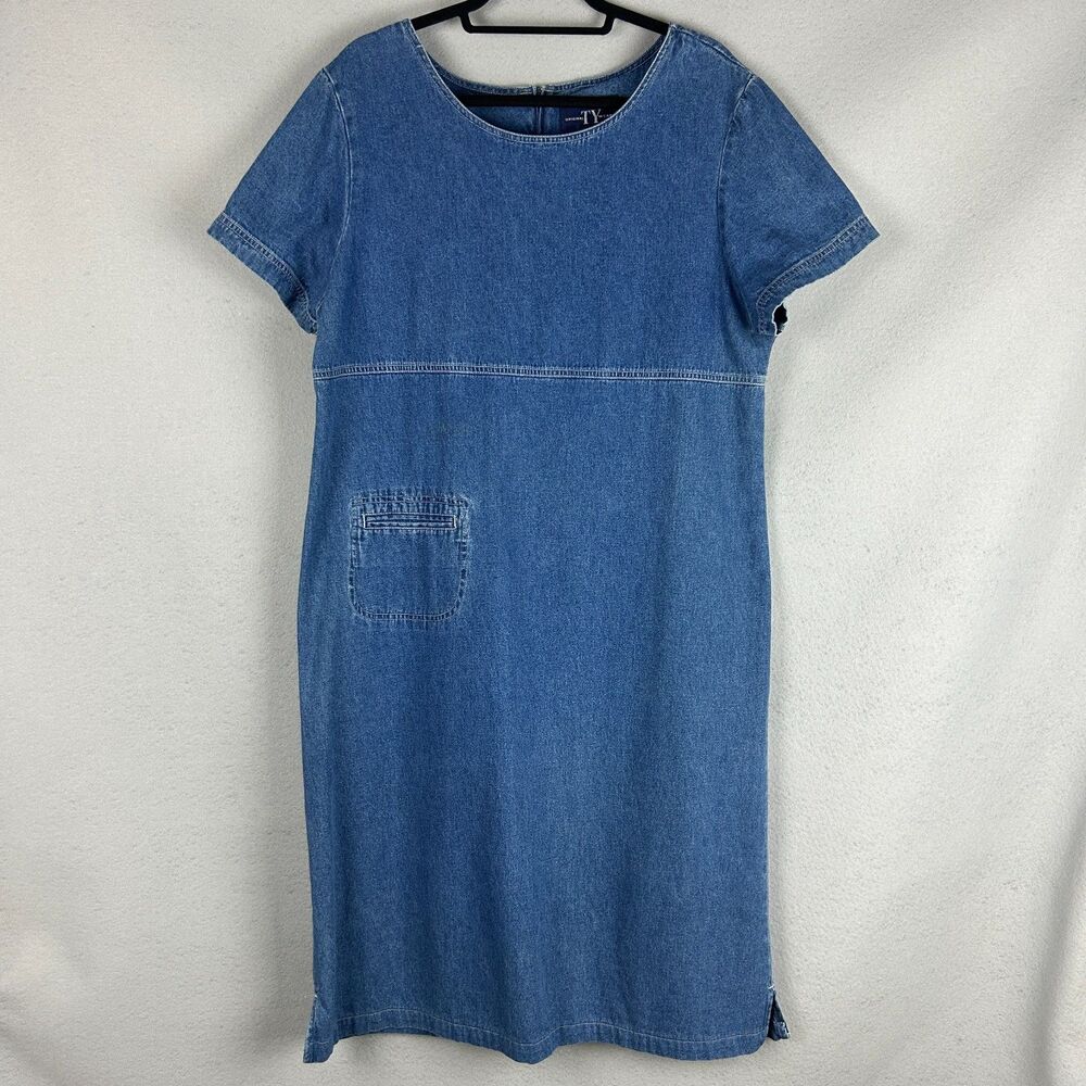 Original TY Wear Vintage Denim Dress L Blue Medium Wash Short Sleeve Zip Back